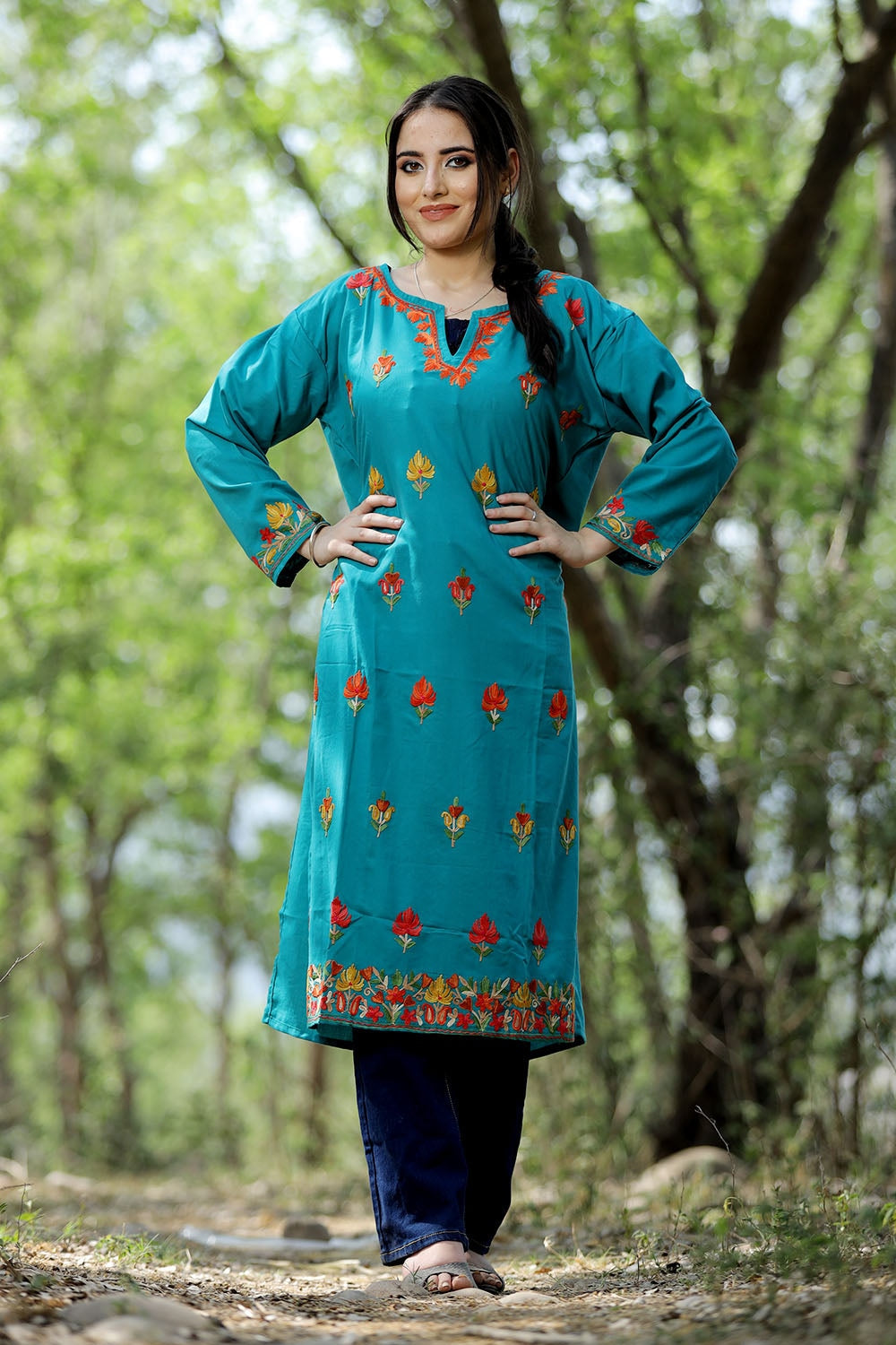 Exotic Turquise Green Colour Cotton Kurti With Kashmiri