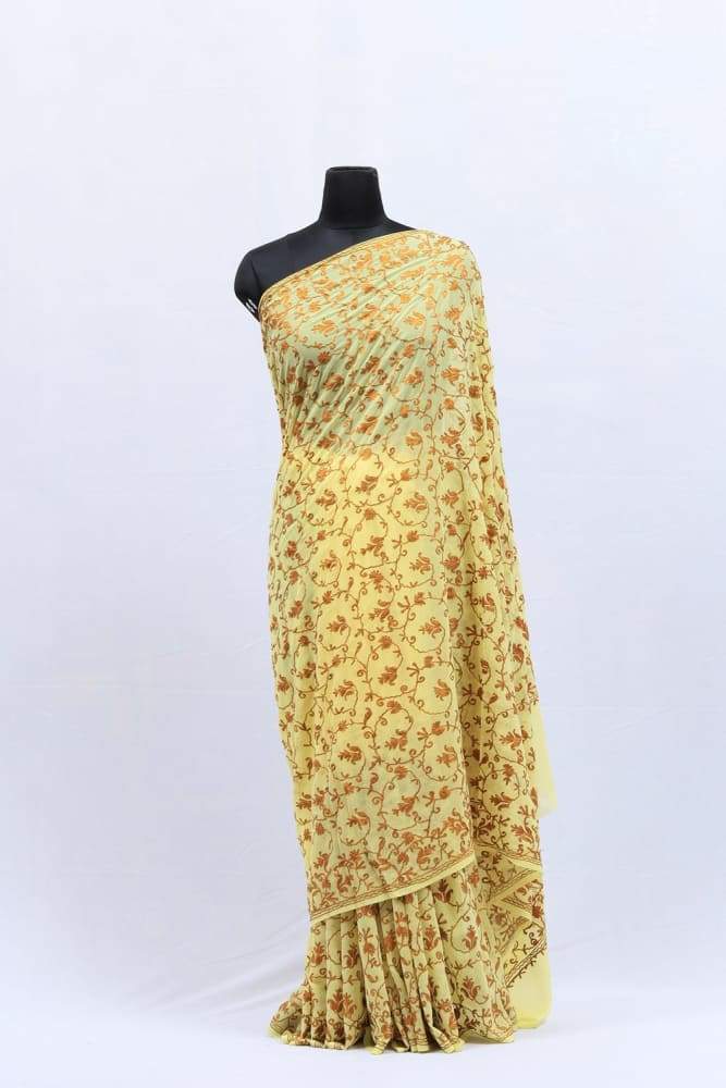 Fawn Color Kashmiri Work With Brown Thread Embroidery Saree