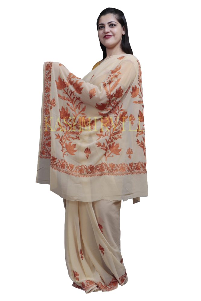 Fawn Colour Kashida Work Saree With Wonderful Designing