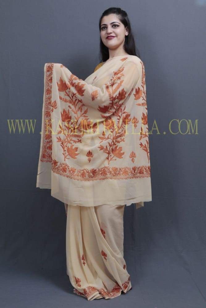 Fawn Colour Kashida Work Saree With Wonderful Designing