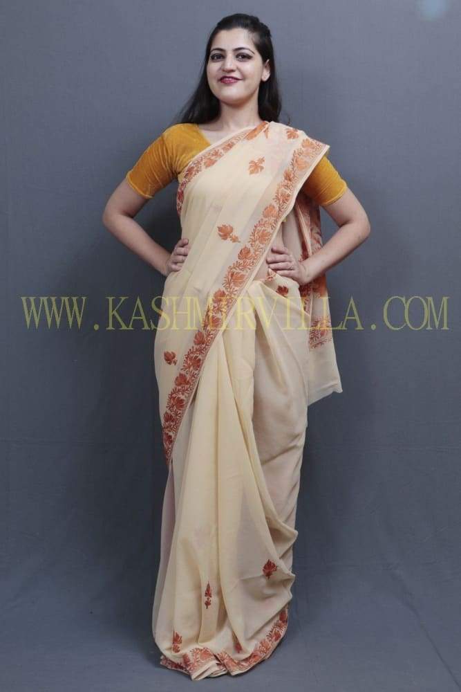 Fawn Colour Kashida Work Saree With Wonderful Designing