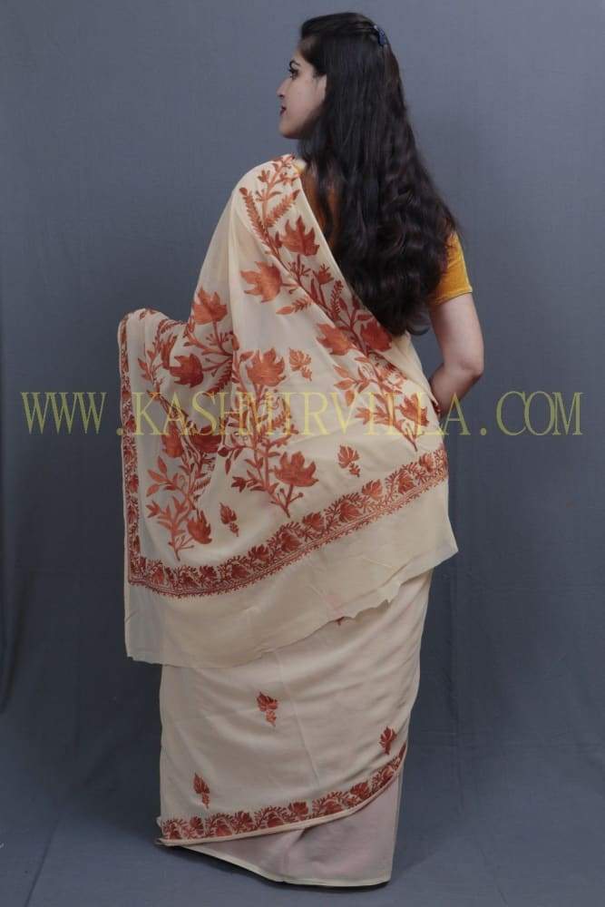 Fawn Colour Kashida Work Saree With Wonderful Designing