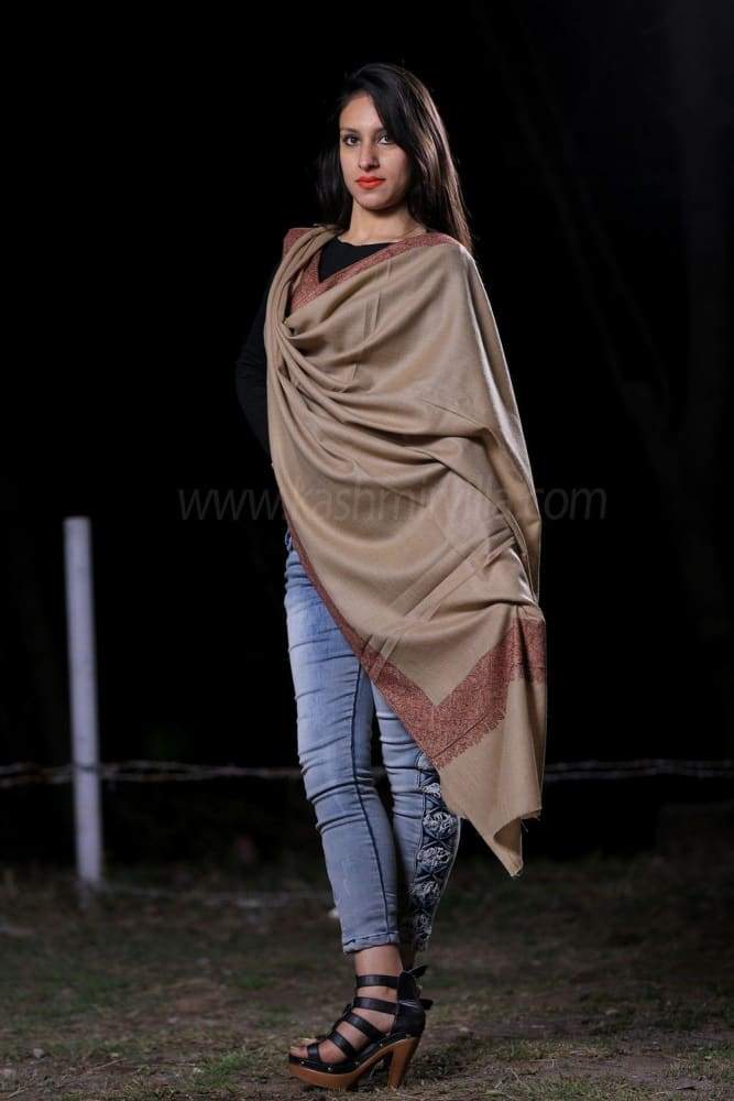 Fawn Colour SemiPashmina Sozni Shawl With Beautiful Border