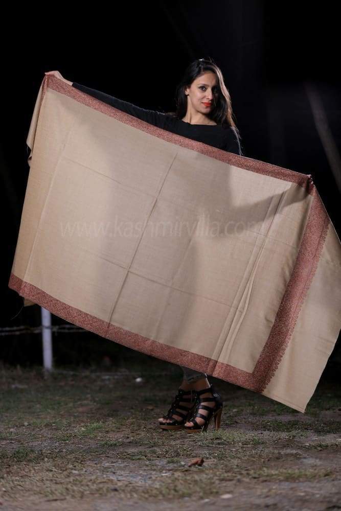 Fawn Colour SemiPashmina Sozni Shawl With Beautiful Border
