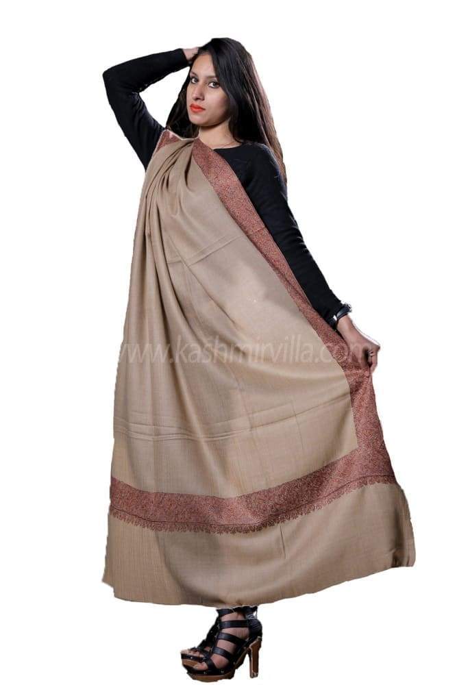 Fawn Colour SemiPashmina Sozni Shawl With Beautiful Border