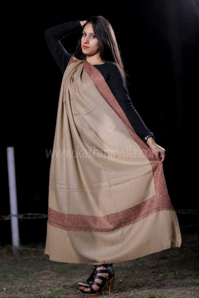 Fawn Colour SemiPashmina Sozni Shawl With Beautiful Border
