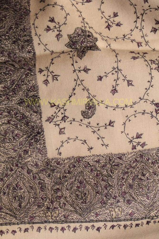 Fawn Colour SemiPashmina Sozni Shawl With Beautiful Broad