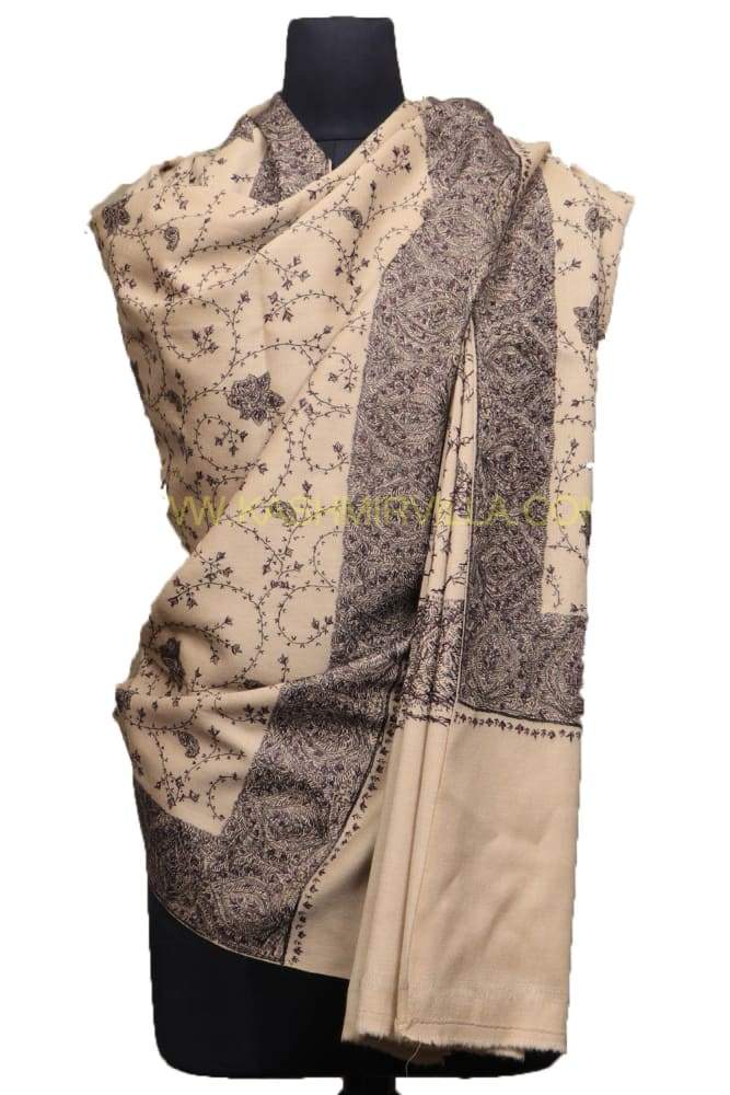 Fawn Colour SemiPashmina Sozni Shawl With Beautiful Broad