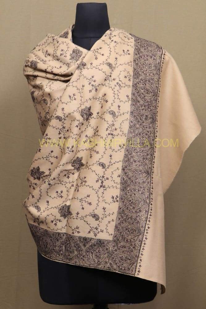 Fawn Colour SemiPashmina Sozni Shawl With Beautiful Broad