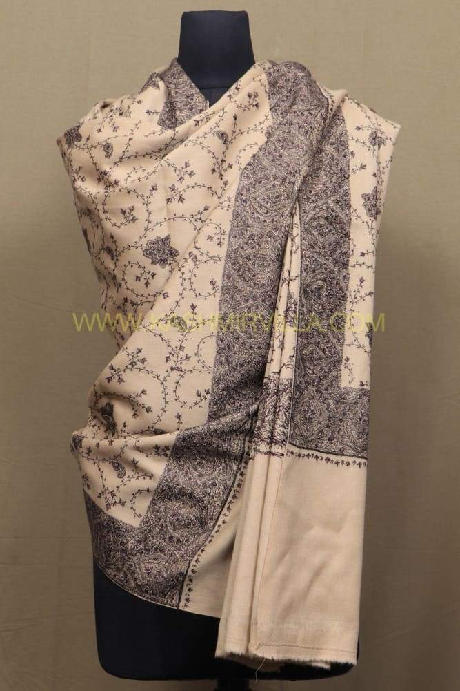 Fawn Colour SemiPashmina Sozni Shawl With Beautiful Broad