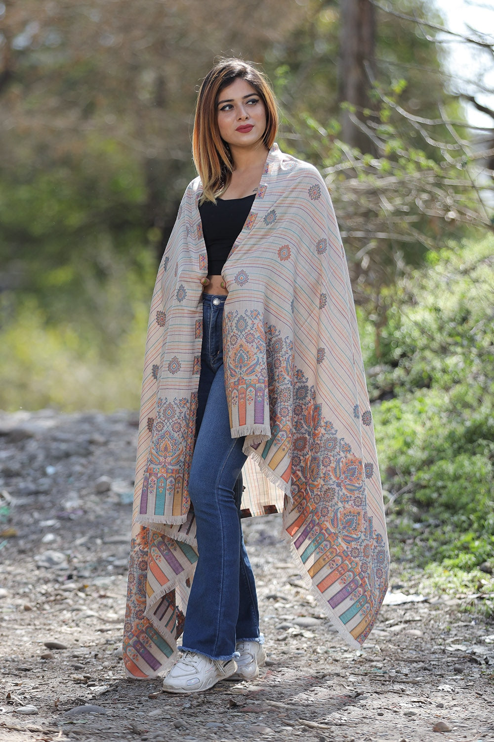 Fawn Colour Shawl With Flower Pattern Style Bold And Dense