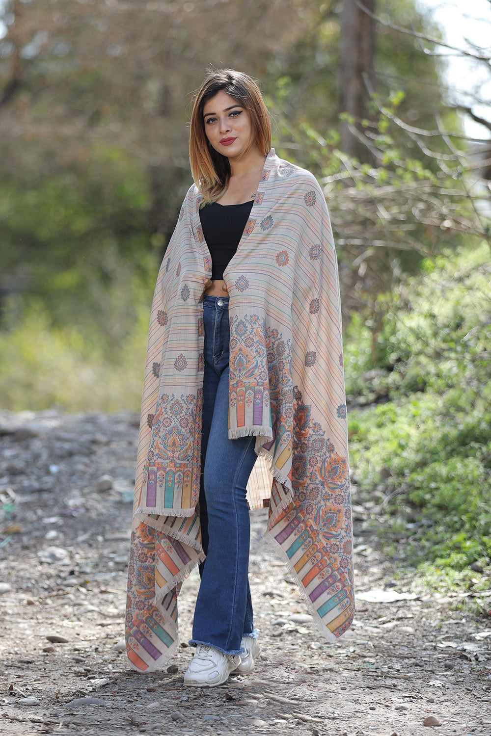Fawn Colour Shawl With Flower Pattern Style Bold And Dense