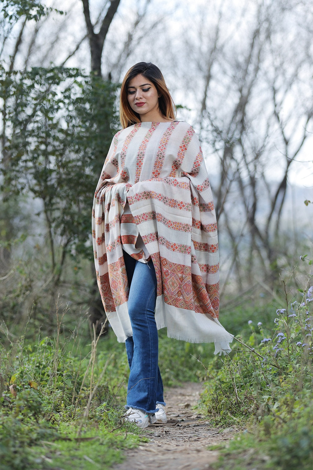 Fawn Colour Shawl With Flower Pattern Style Bold And Dense