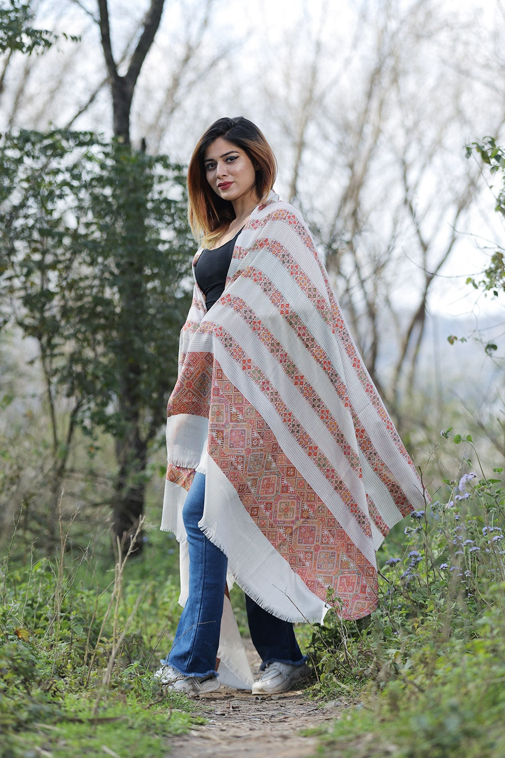 Fawn Colour Shawl With Flower Pattern Style Bold And Dense