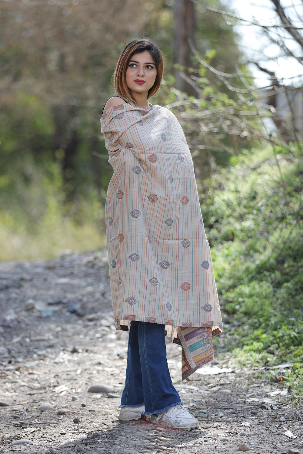 Fawn Colour Shawl With Flower Pattern Style Bold And Dense