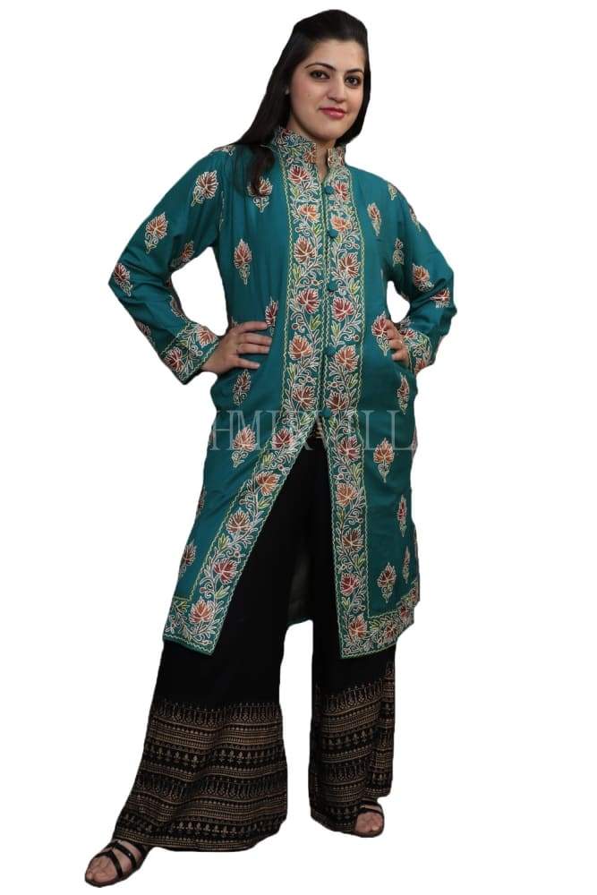 Ferozi Colour Kashmiri Aari Work Embroidered Jacket