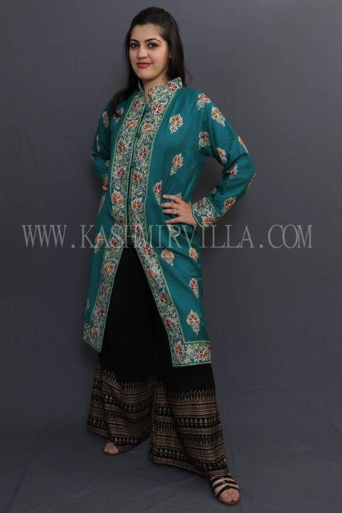 Ferozi Colour Kashmiri Aari Work Embroidered Jacket