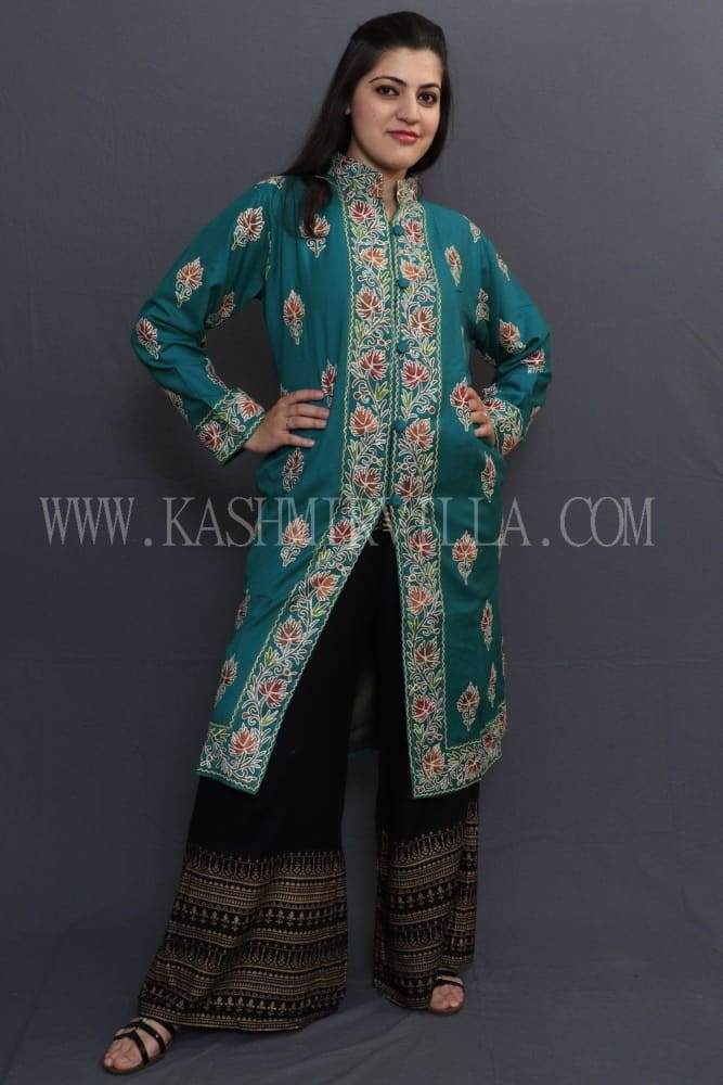 Ferozi Colour Kashmiri Aari Work Embroidered Jacket