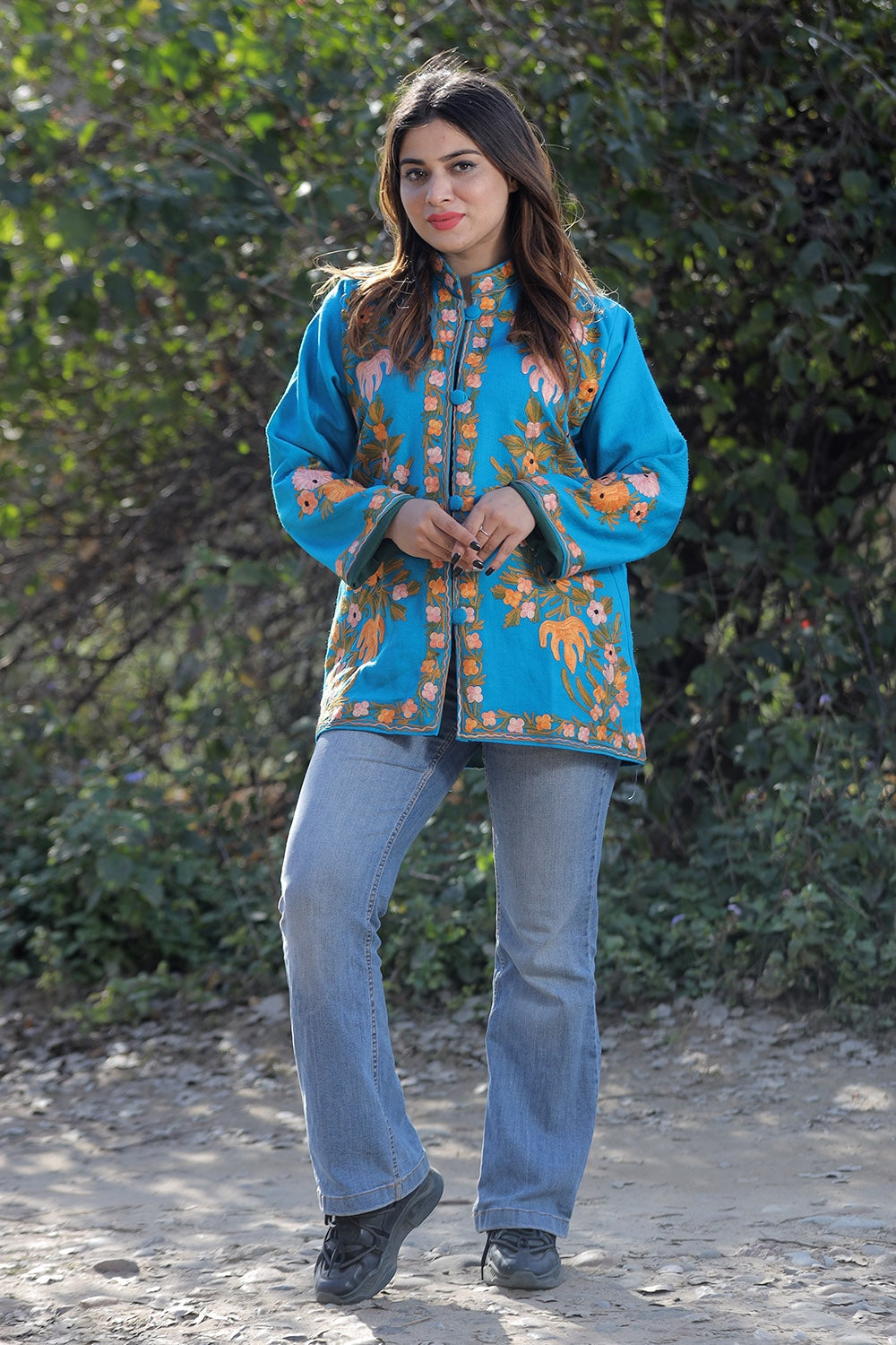 Firozi Color Aari Work Embroidered Jacket With Beautiful