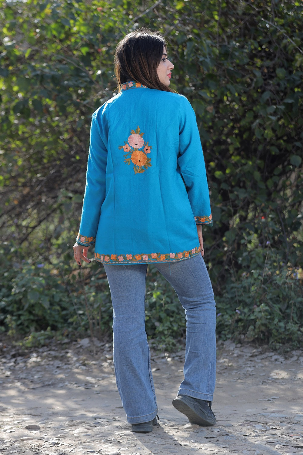 Firozi Color Aari Work Embroidered Jacket With Beautiful