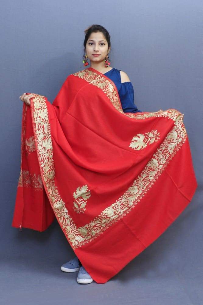 Flawless Red Color Kashmiri Tilla Work Embroidered Shawls