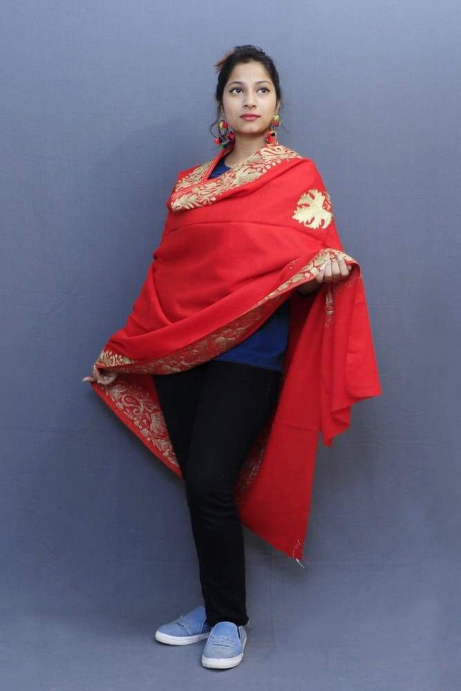 Flawless Red Color Kashmiri Tilla Work Embroidered Shawls