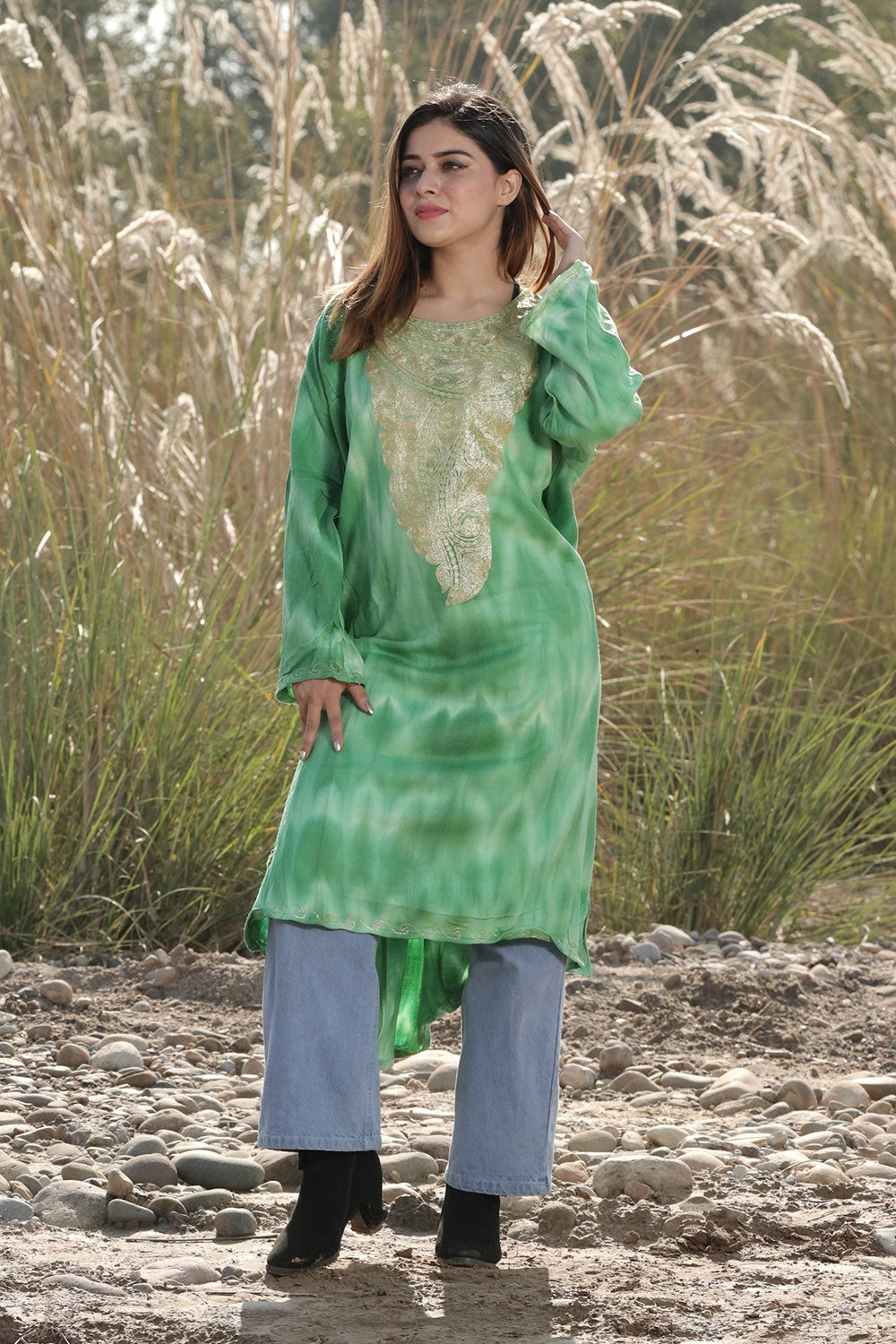 FOREST GREEN COLOUR TIE-DYE Aari Tilla Work Embroidered