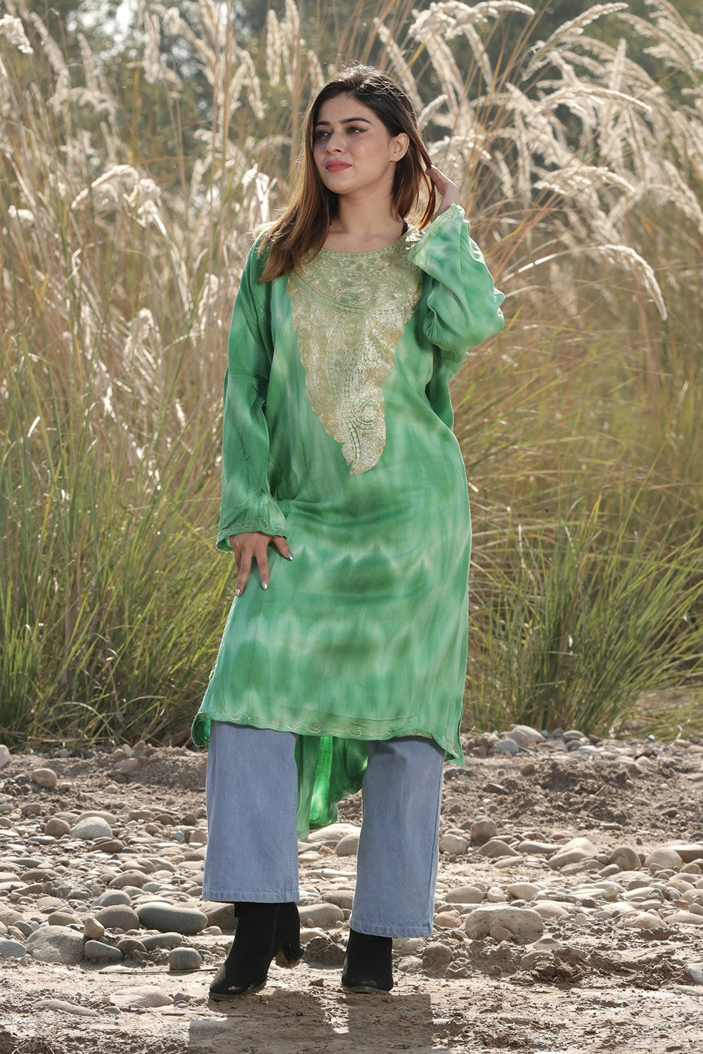 FOREST GREEN COLOUR TIE DYE Aari Tilla Work Embroidered