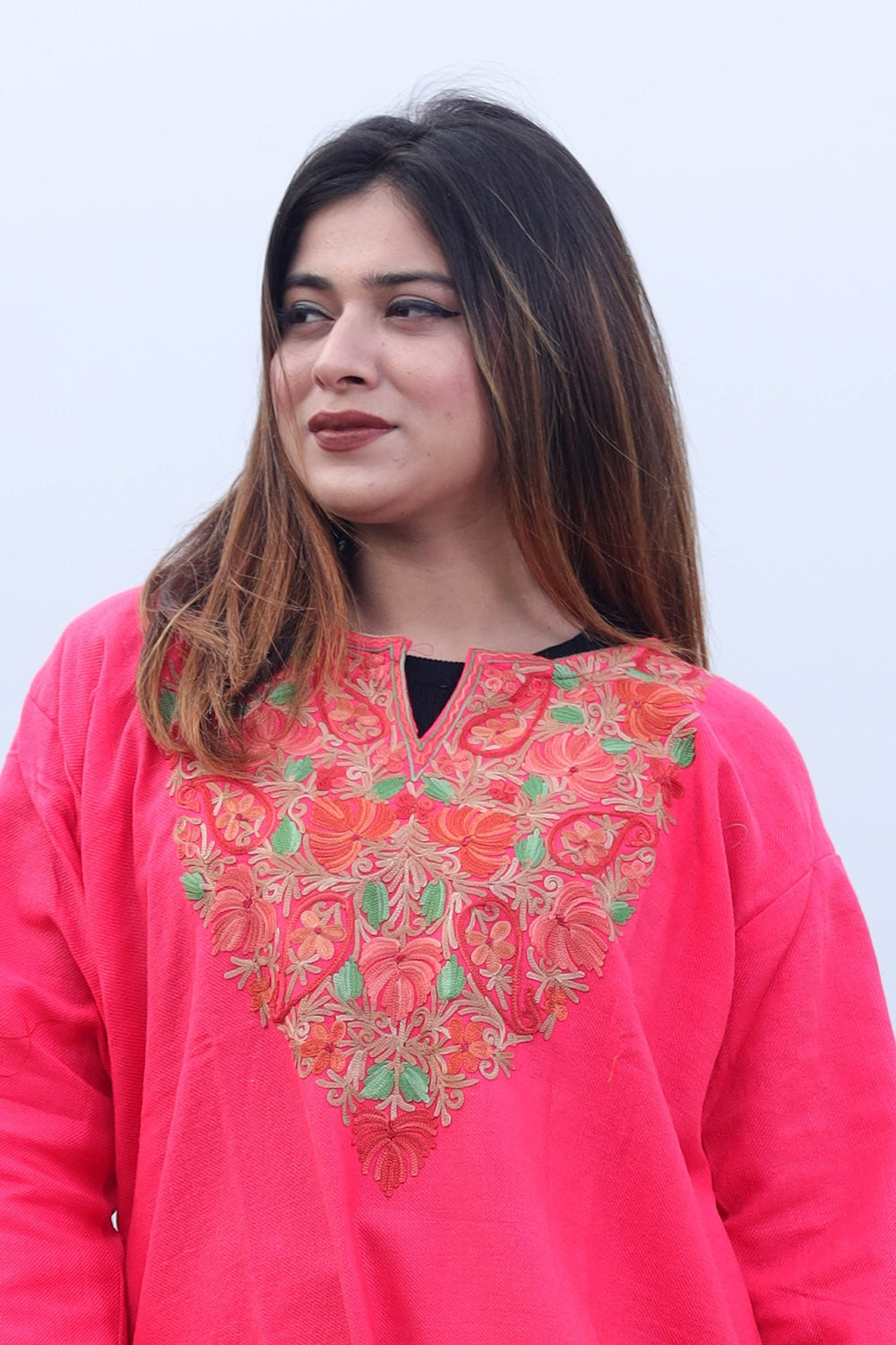 Fussia Pink Color Kashmiri Aari Work Embroidered Woolen