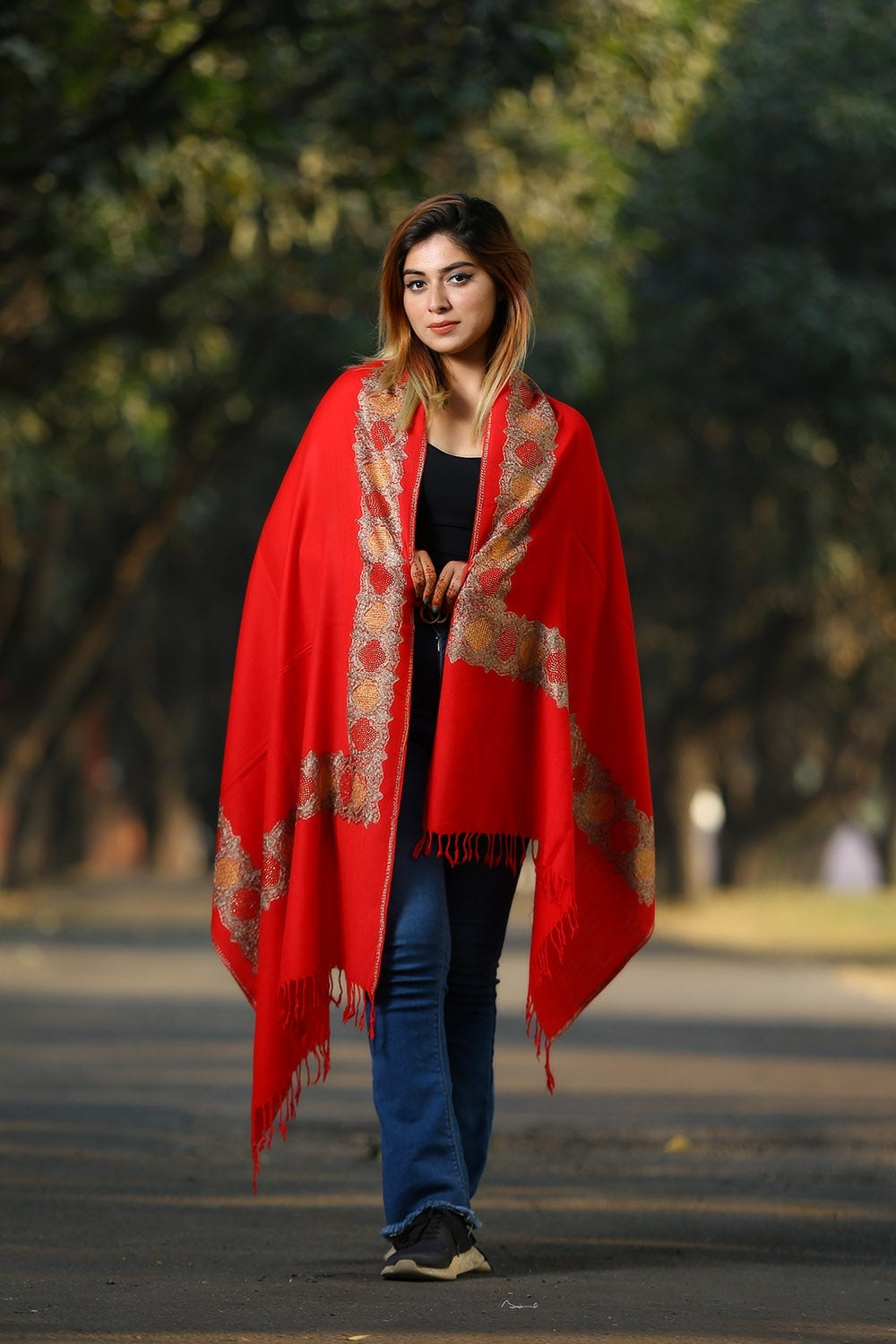GLORIOUS RED COLOUR KASHMIRI STOLE WITH CLASSY SWAROVSKI