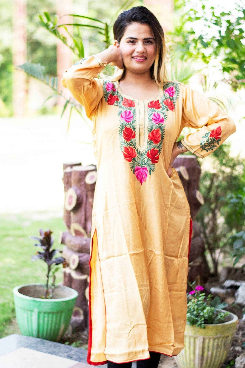 Golden Beige Colour Cotton Kurti With Beautiful Aari