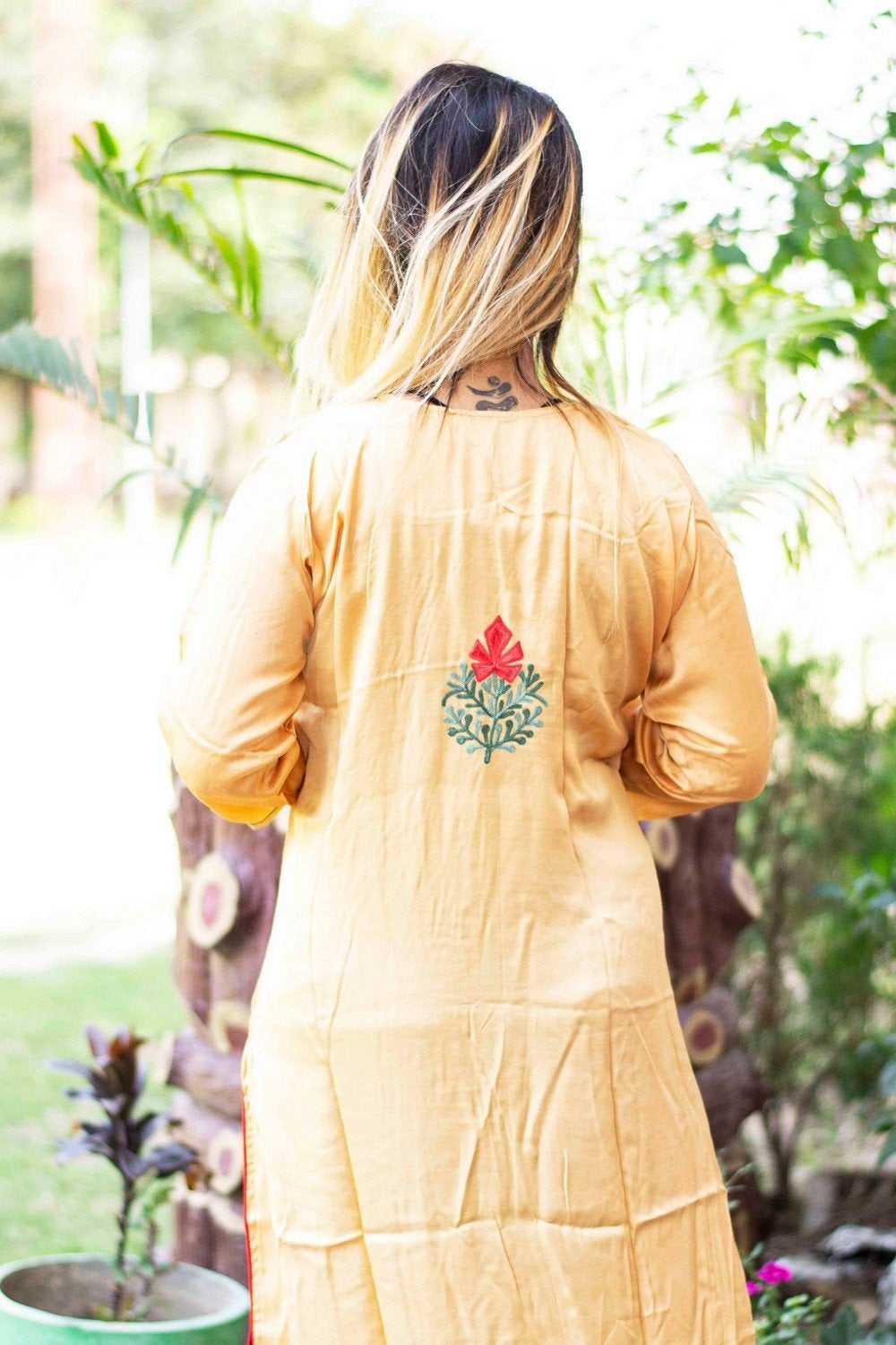 Golden Beige Colour Cotton Kurti With Beautiful Aari