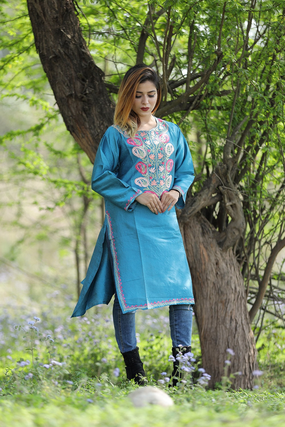 Gorgeous Blue Colour Rayon Silk Kurti With Beautiful Aari