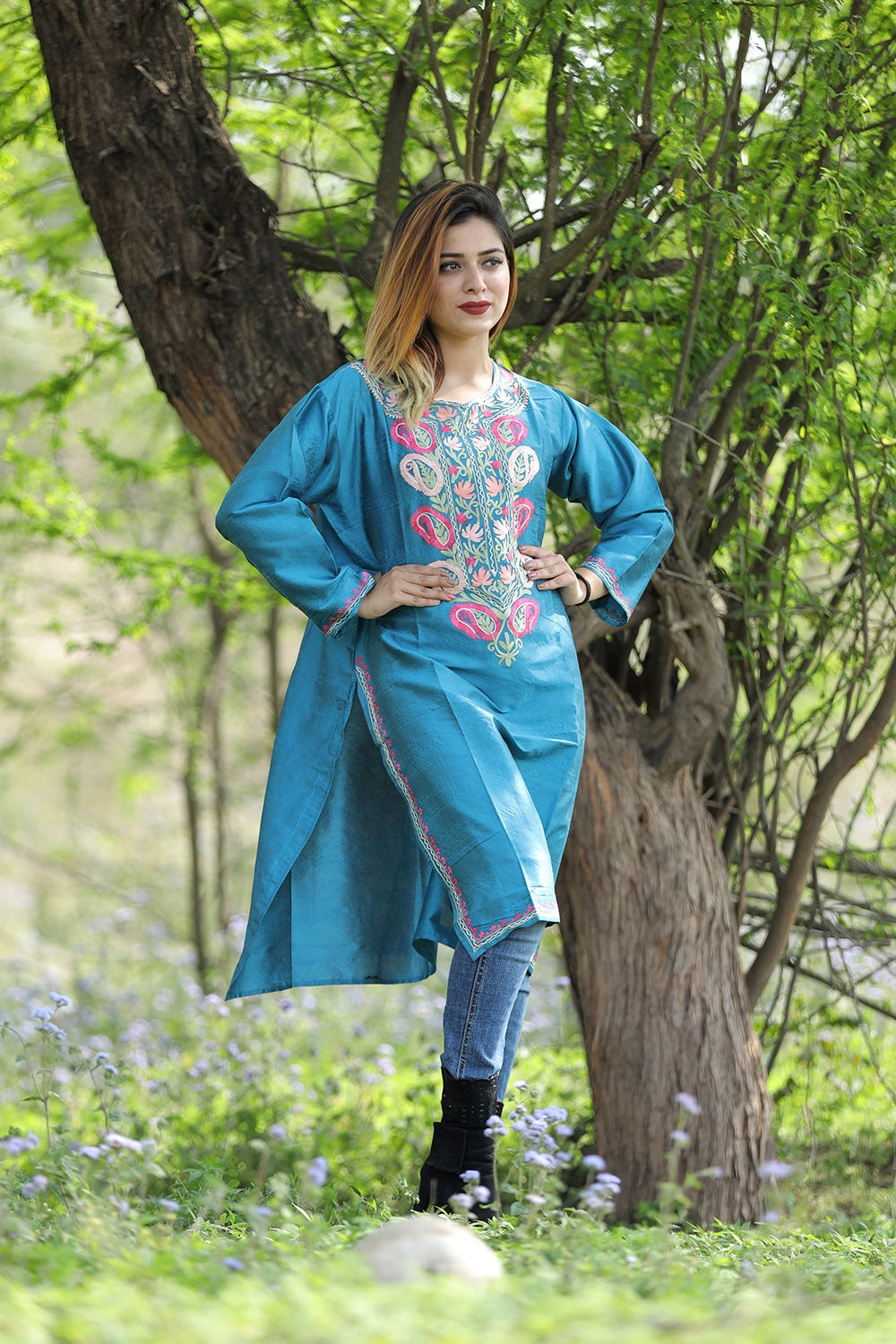 Gorgeous Blue Colour Rayon Silk Kurti With Beautiful Aari