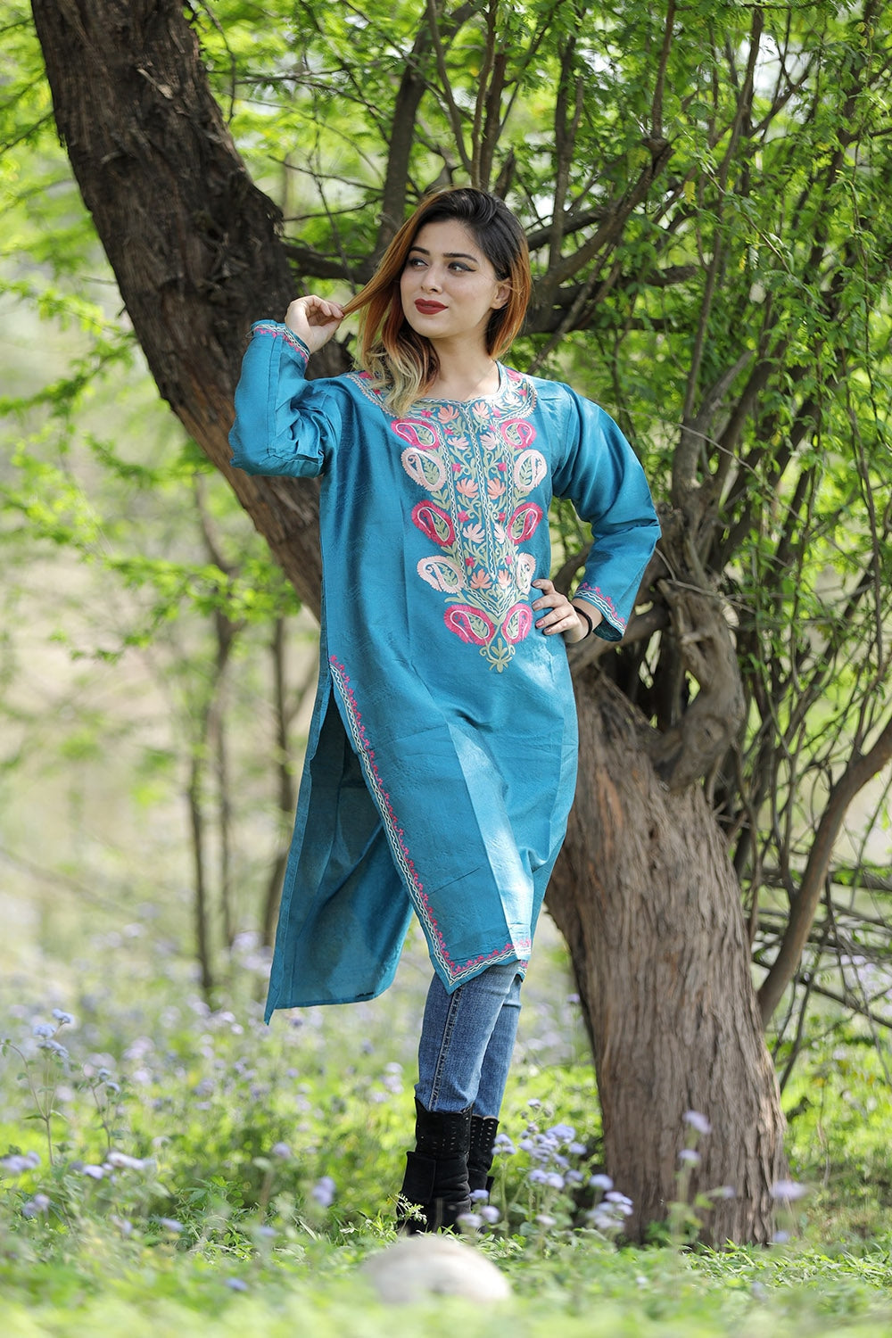 Gorgeous Blue Colour Rayon Silk Kurti With Beautiful Aari