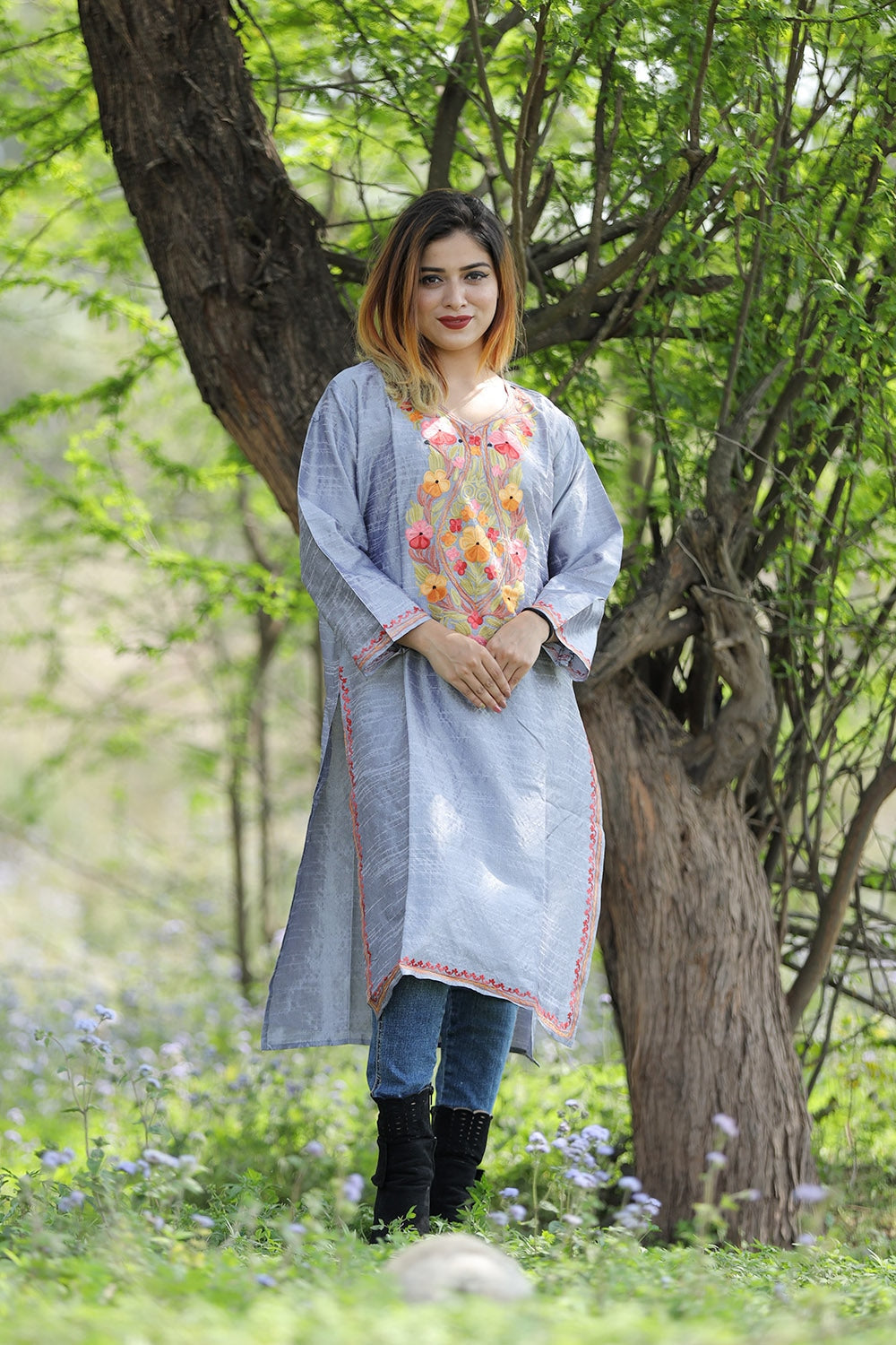 Gorgeous Steel Grey Colour Rayon Silk Kurti With Beautiful