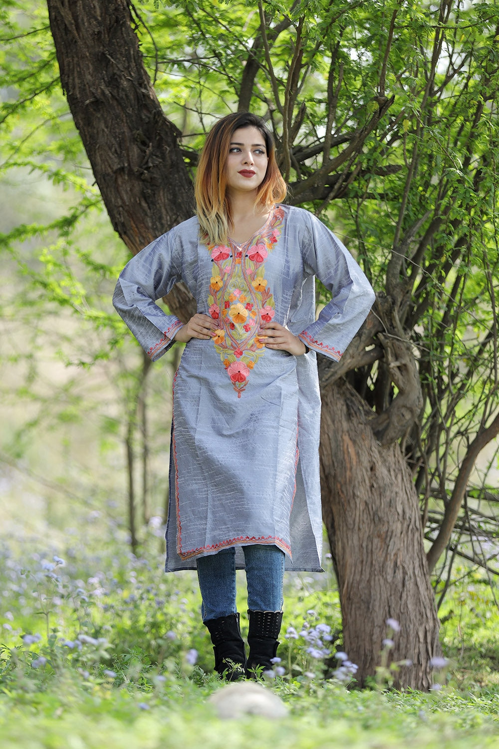 Gorgeous Steel Grey Colour Rayon Silk Kurti With Beautiful
