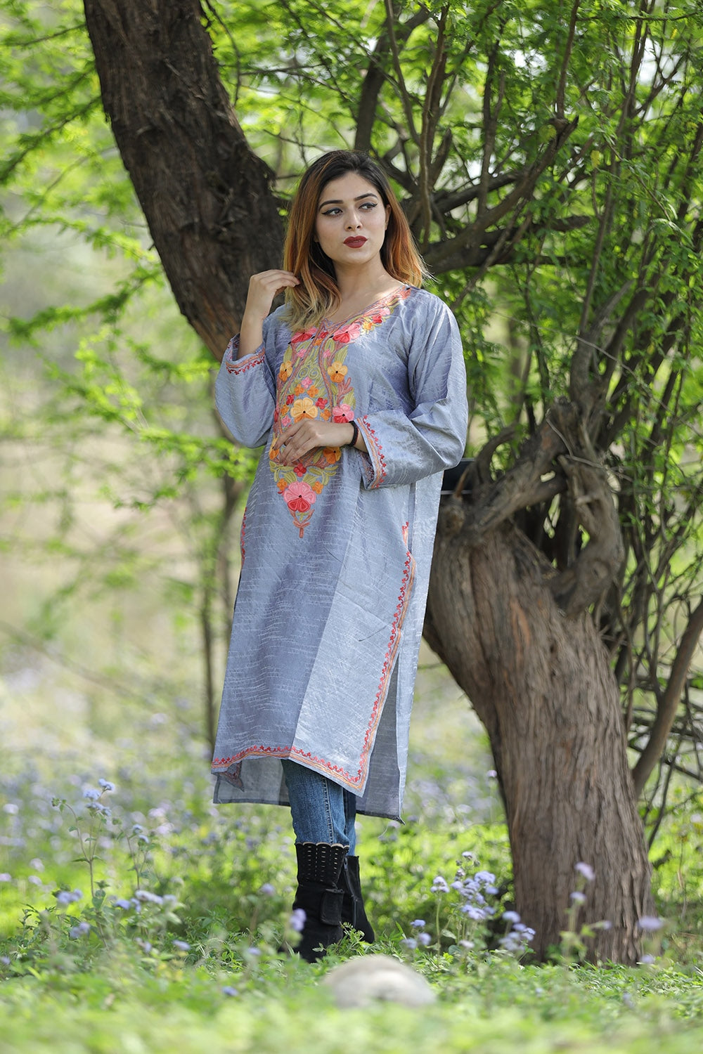 Gorgeous Steel Grey Colour Rayon Silk Kurti With Beautiful