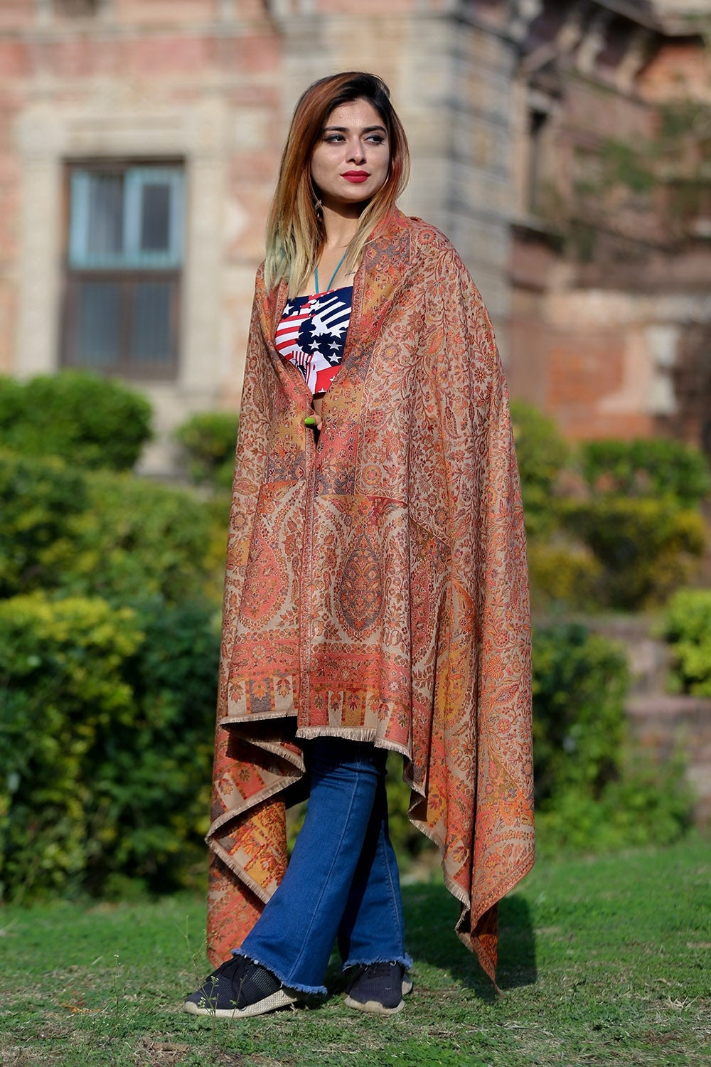 Graceful Beige Colour Designer Shawl With Beautifully