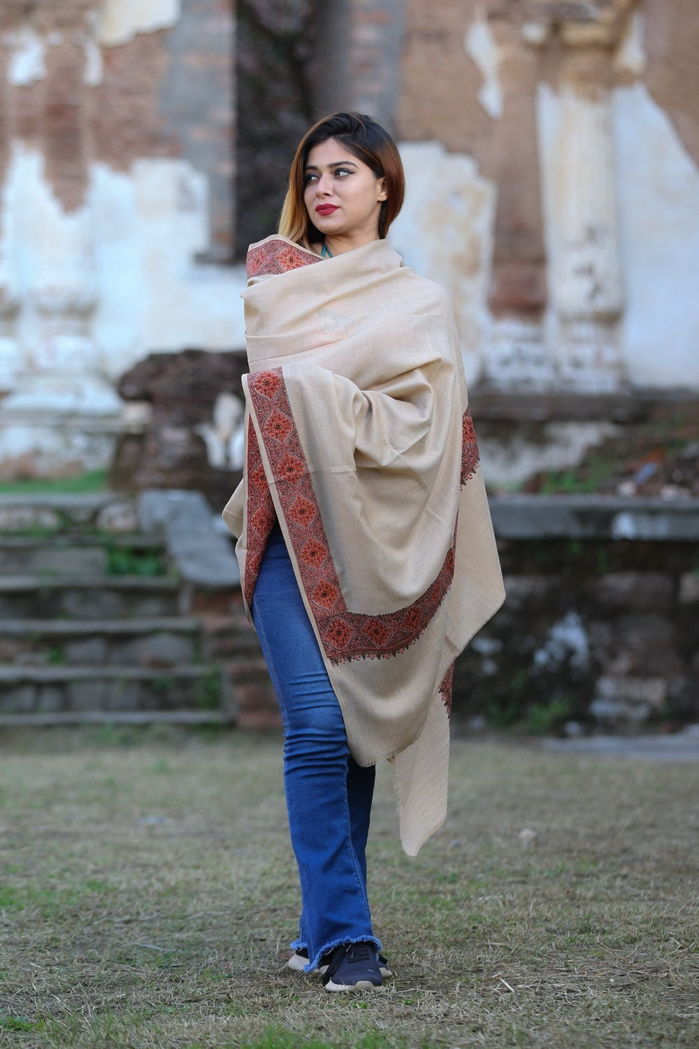 Graceful Beige Colour Kashmiri Sozni Shawl Emblished