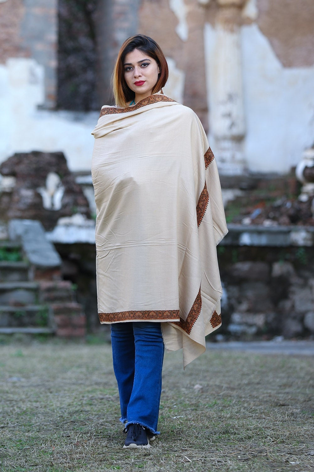 Graceful Beige Colour Semi Pashmina Sozni Shawl