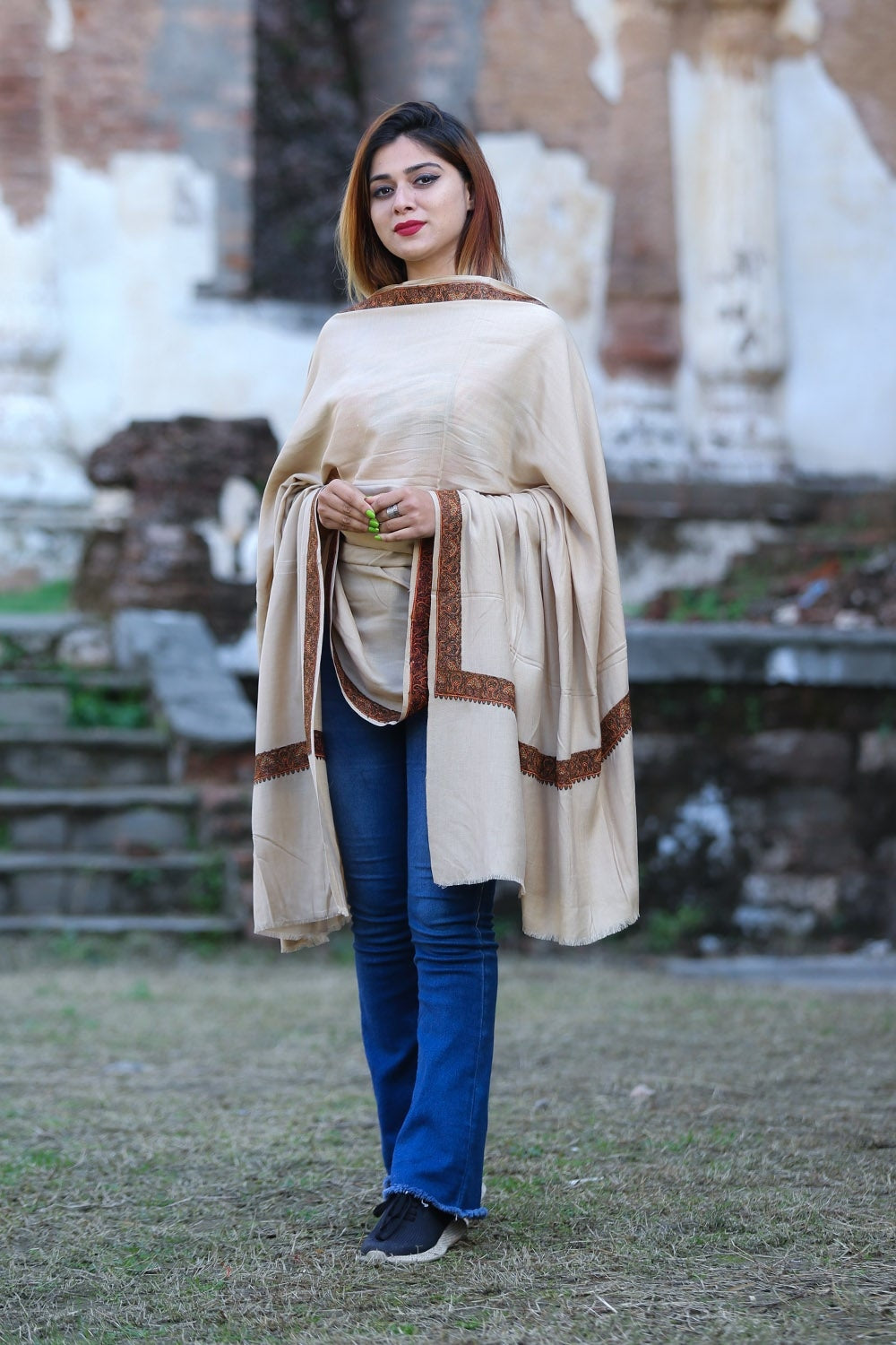 Graceful Beige Colour Semi Pashmina Sozni Shawl