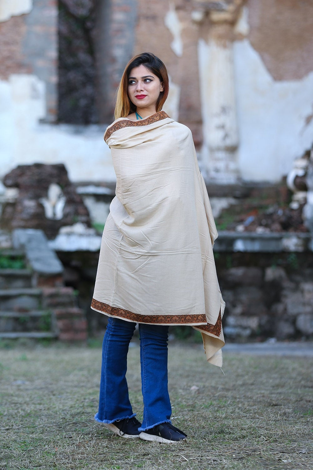 Graceful Beige Colour Semi Pashmina Sozni Shawl