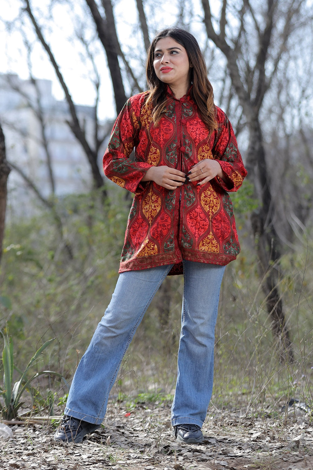 Graceful Maroon Multicolour Aari Work Embroidered Jacket