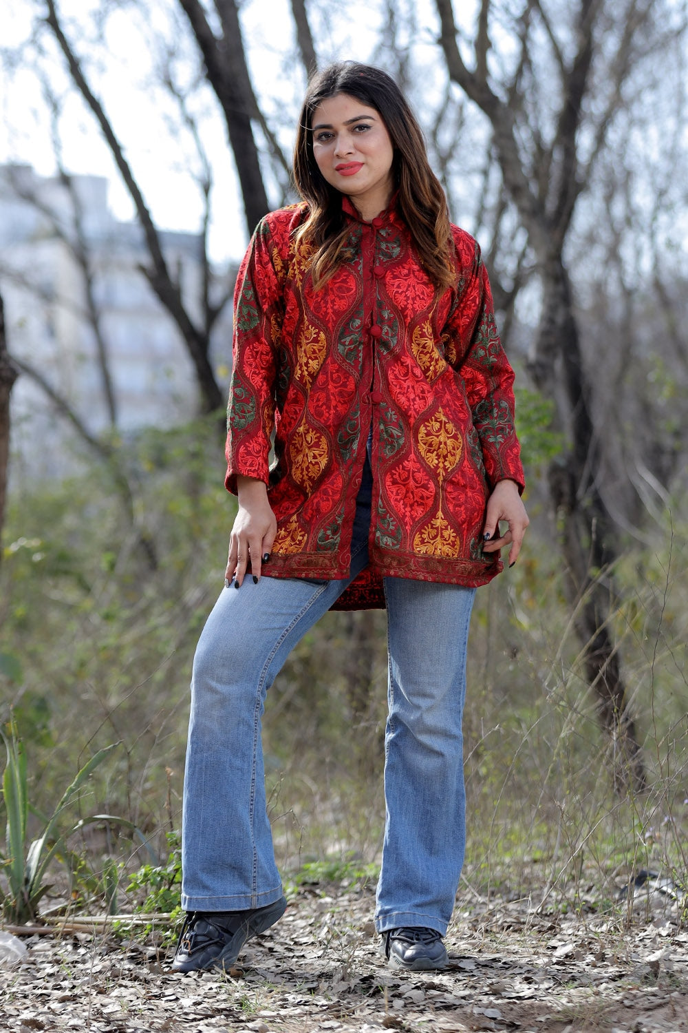 Graceful Maroon Multicolour Aari Work Embroidered Jacket