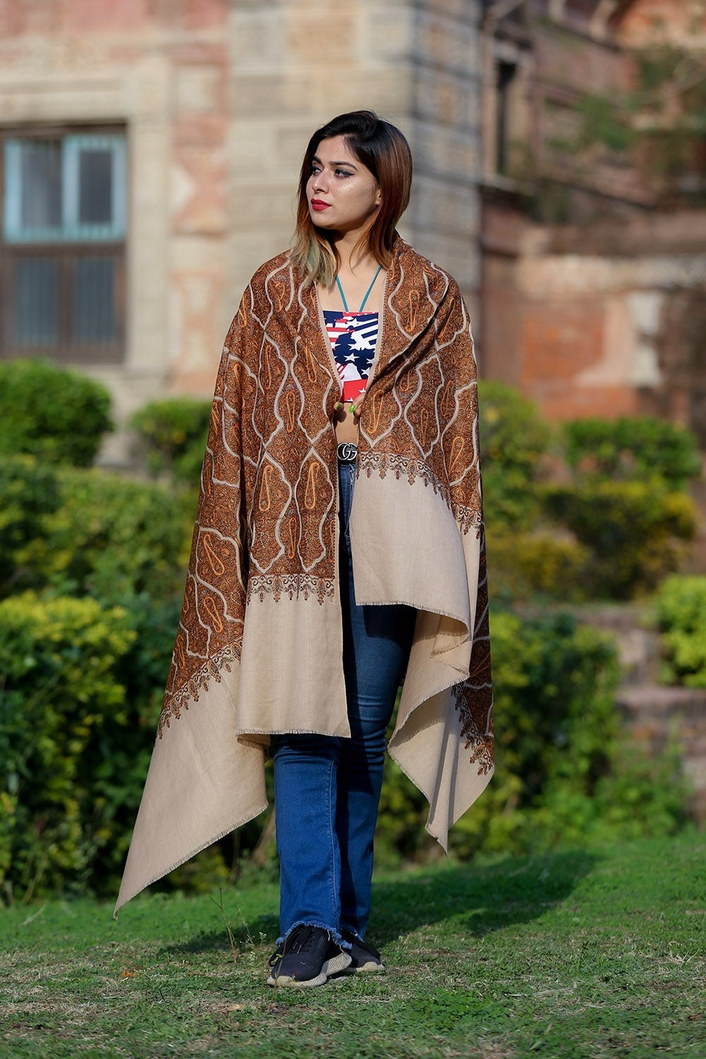 Very Graceful Steady Beige Color Embroidered Sozni Shawl