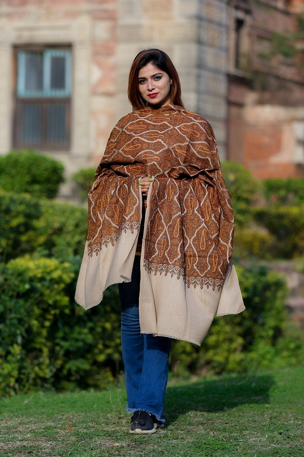 Very Graceful Steady Beige Color Embroidered Sozni Shawl