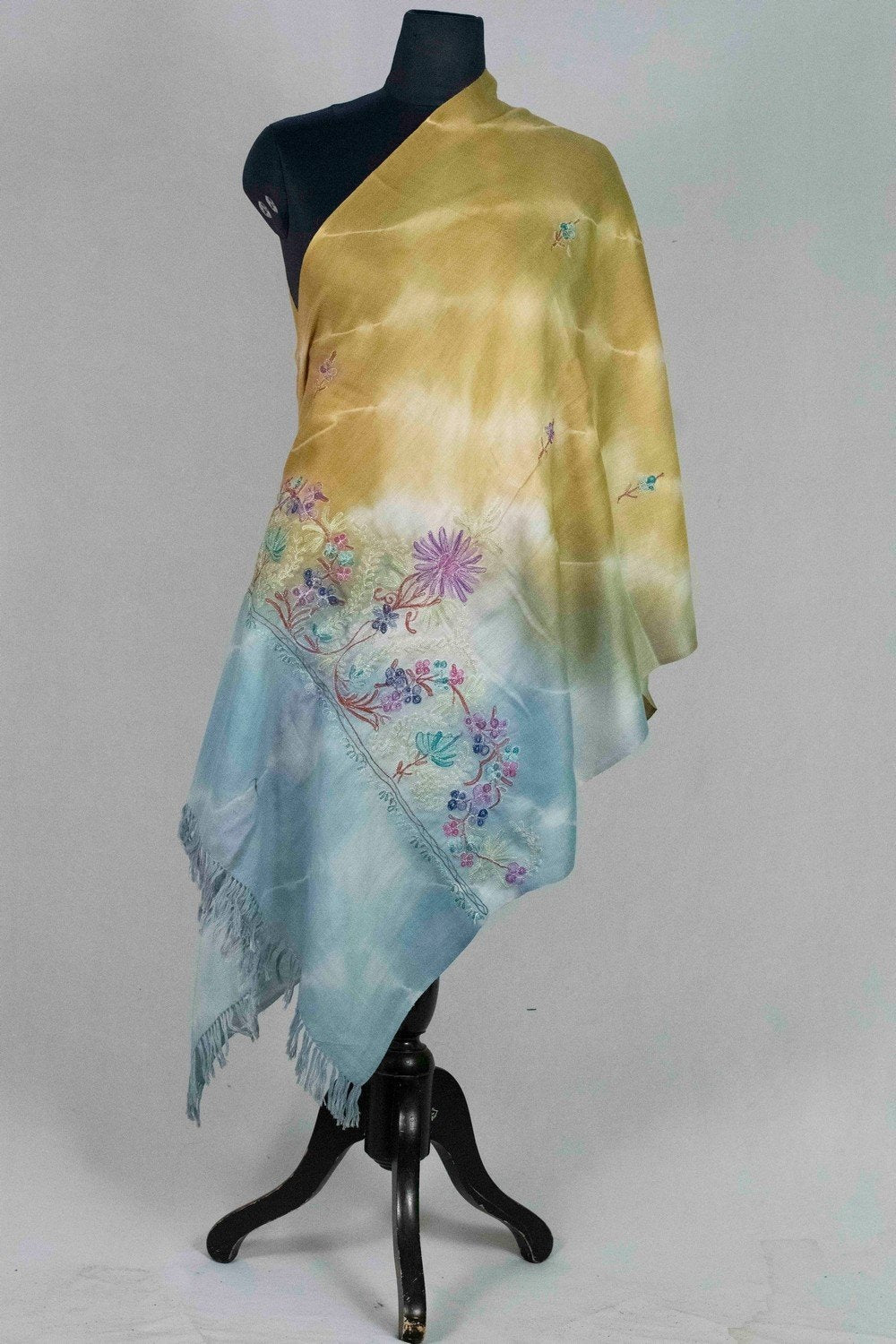 Green aqua Colour Tye Dye Stole With kashmiri Embroidery