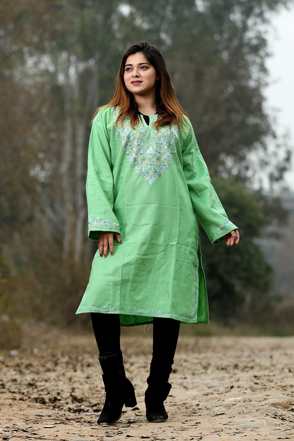 Green Color Aari Work Embroidered Kurti With New Designer