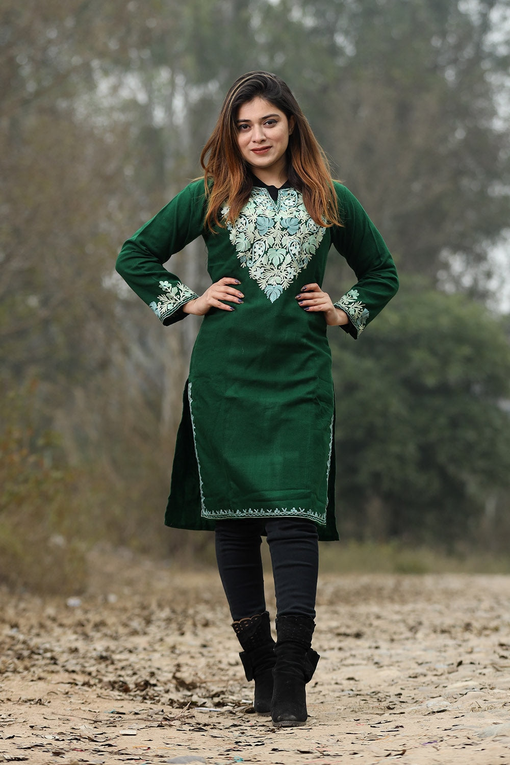 Green Color Aari Work Embroidered Kurti With New Designer